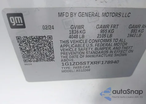 2024 Chevrolet Malibu Fwd 1Lt из США, поврежденный, VIN 1G1ZD5STXRF178940